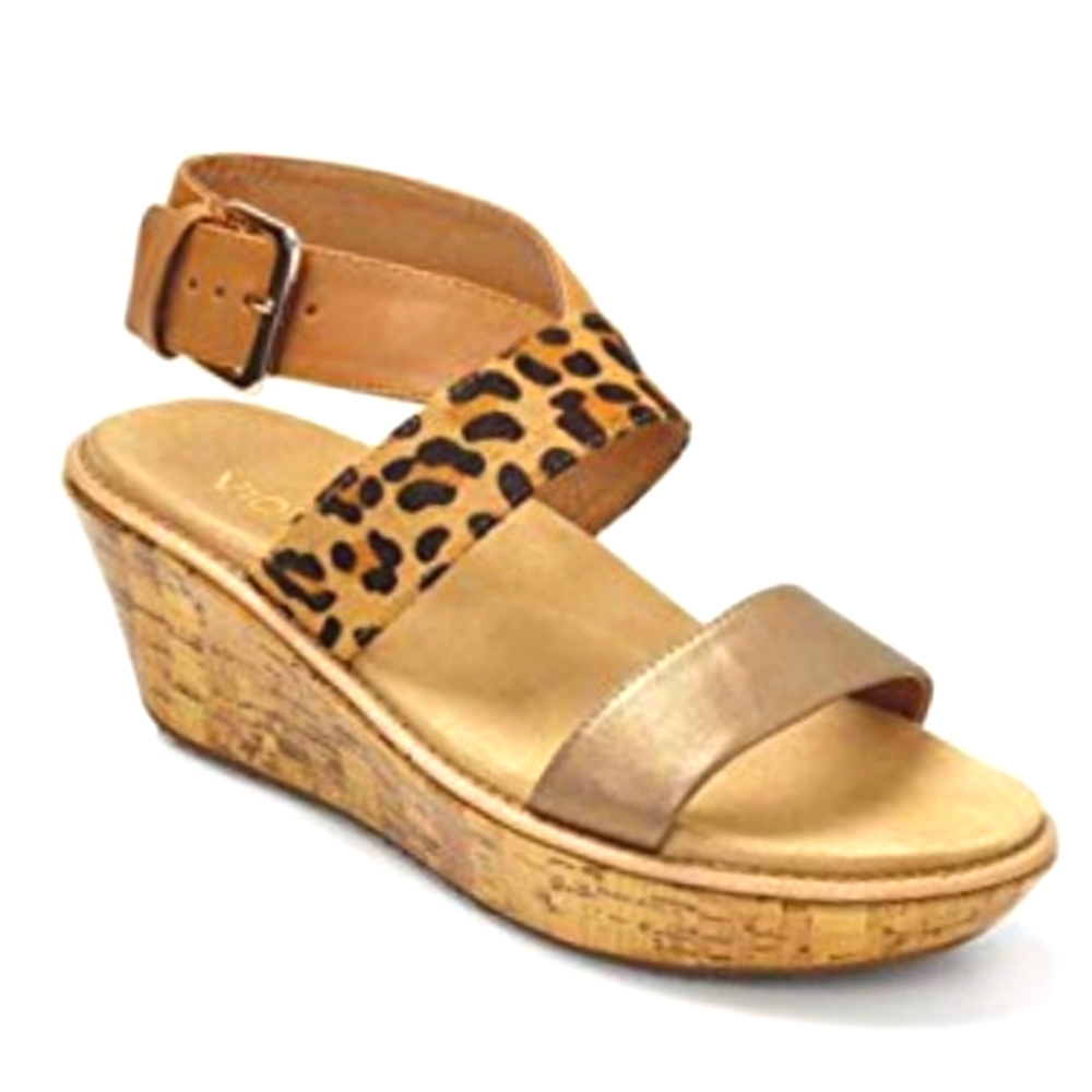 Vionic Cancun Leopard Calf & Genuine Contrast Leather Ankle Strap Wedge Sandals